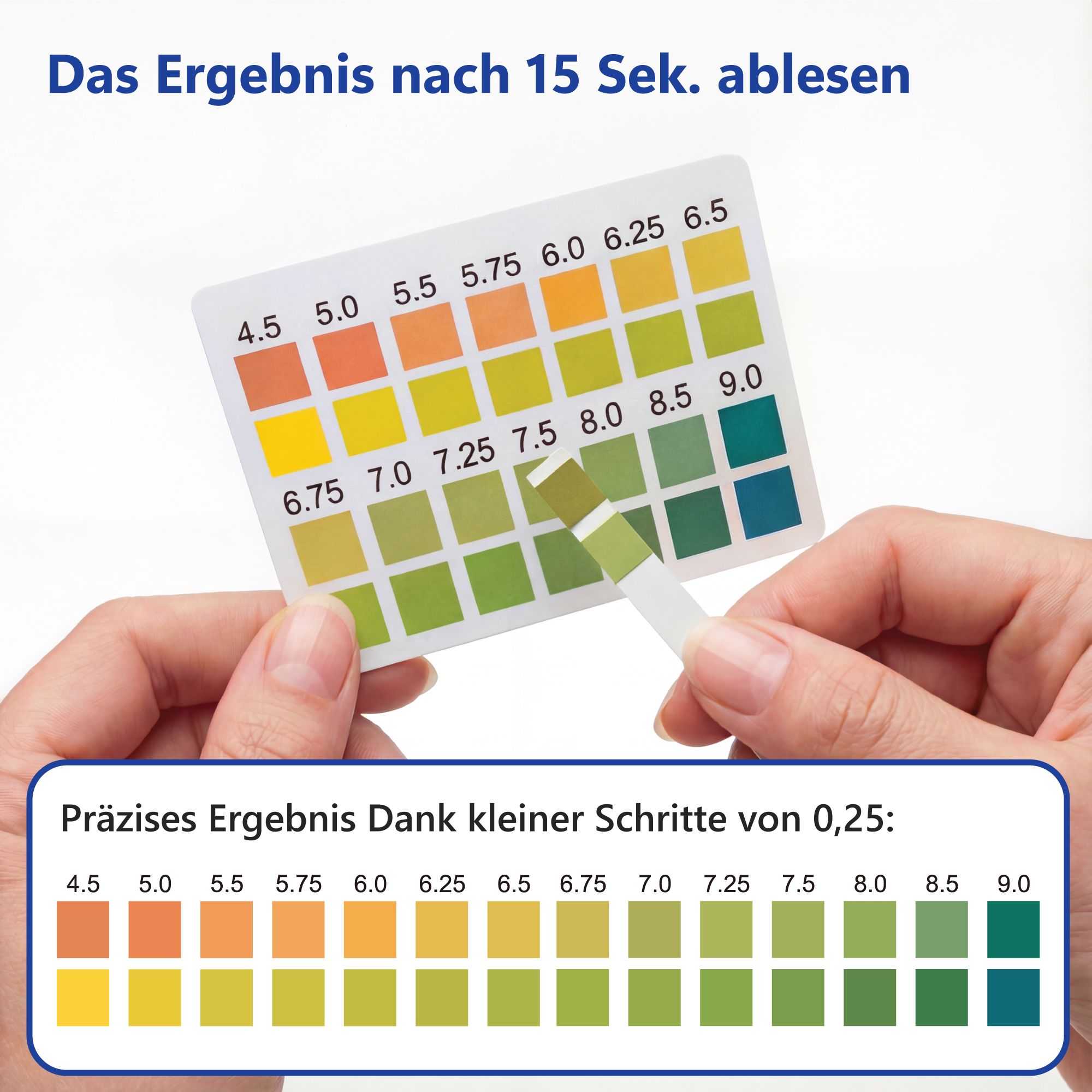 Hände halten Farbtabelle und pH-Teststreifen. Tabelle mit Farbskala. Text: Das Ergebnis nach 15 Sek. ablesen.
