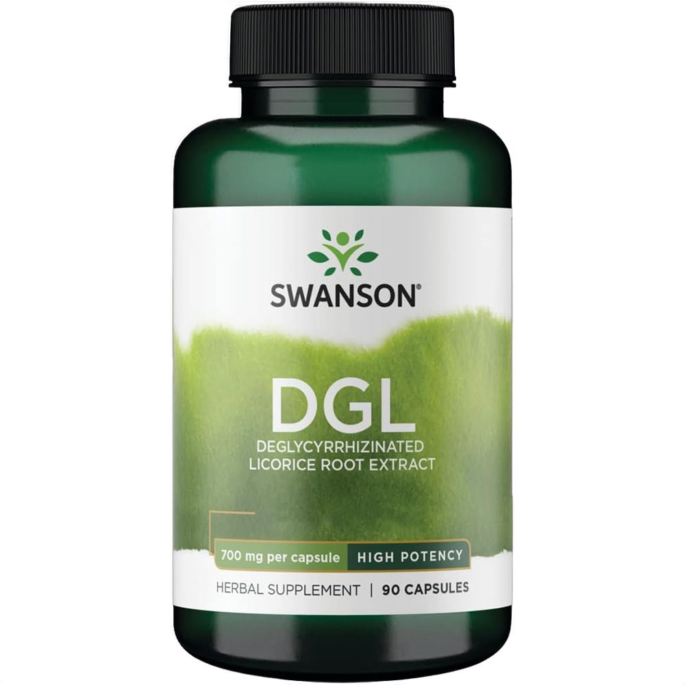 Grüne Flasche mit Swanson DGL Deglycyrrhizinated Licorice Root Extract, 700 mg pro Kapsel, 90 Kapseln.