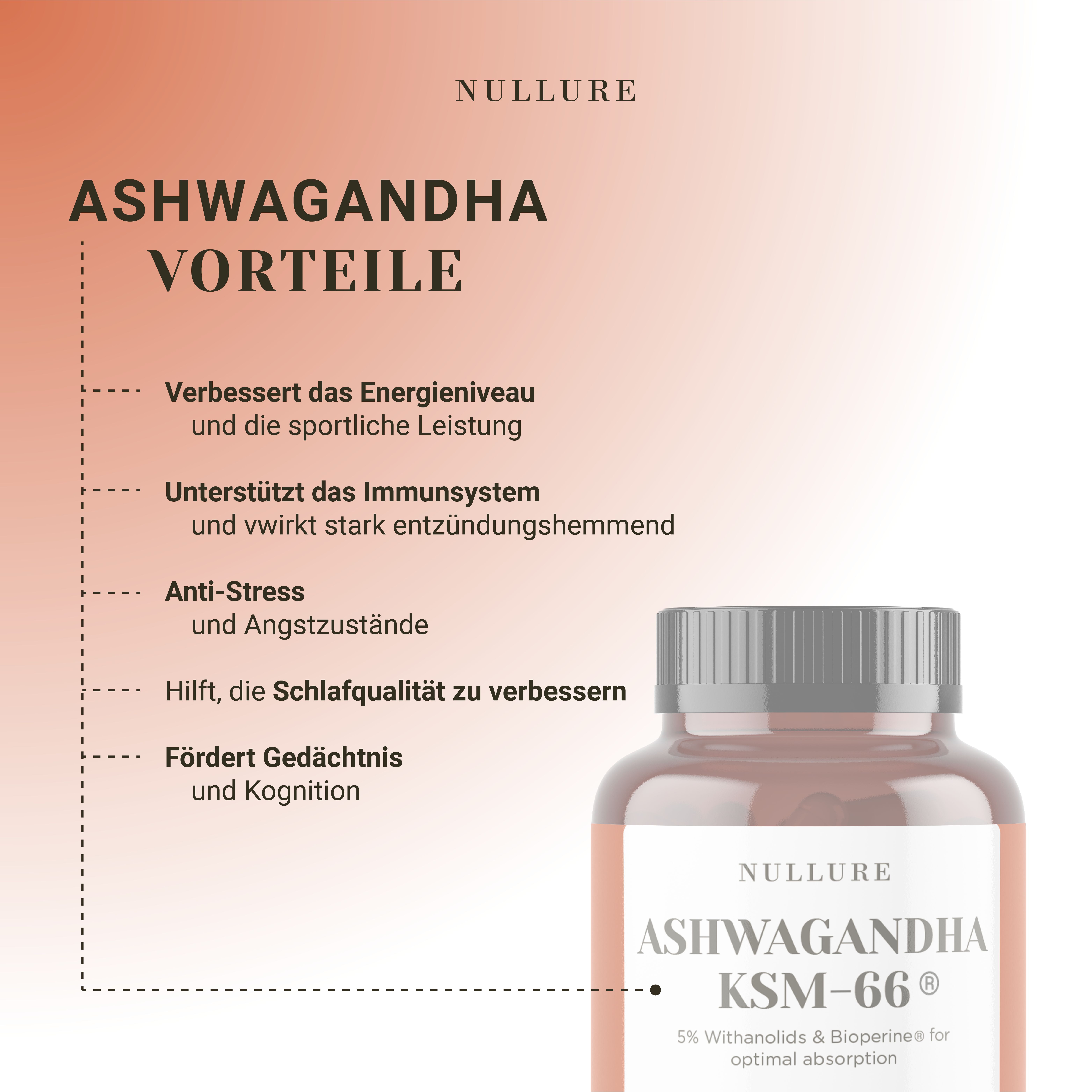 Braune Flasche mit Kapseln. Aufschrift: Ashwagandha Vorteile. Text über Vorteile: Energie, Immunsystem, Anti-Stress, Schlaf, Gedächtnis.