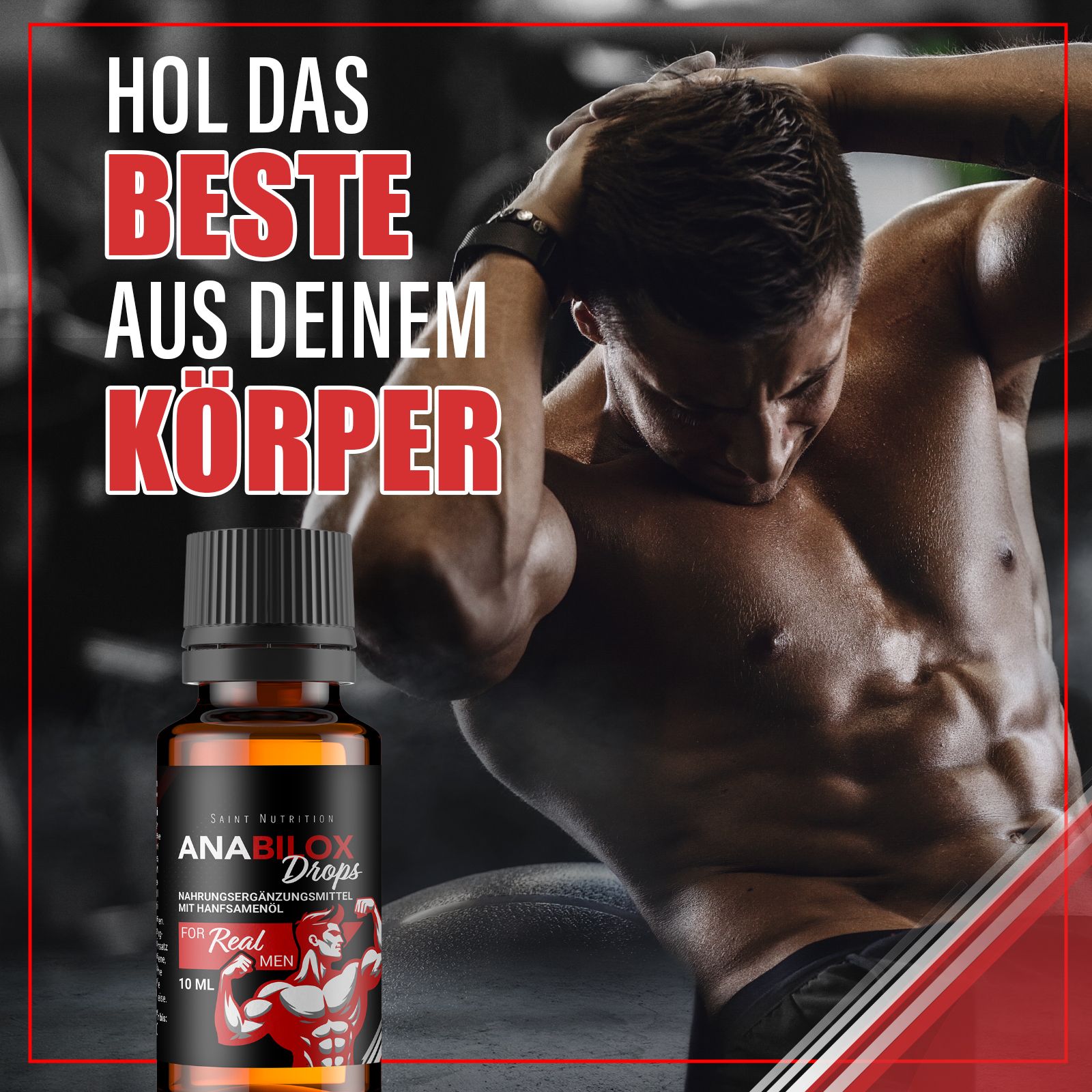 Produktflasche vor einem verschwommenen Hintergrund eines Mannes. Text: Hol das Beste aus deinem Körper.