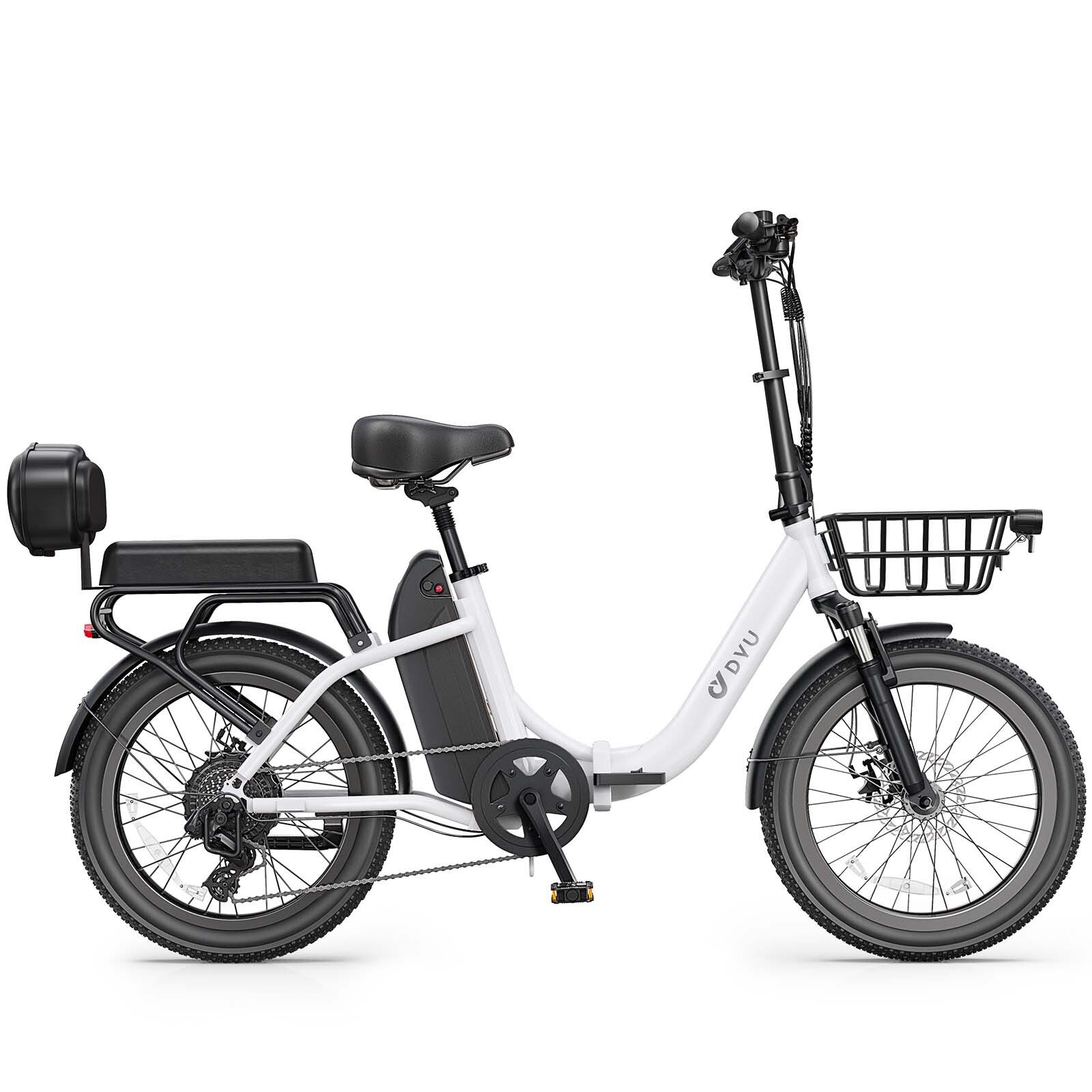 Weißes Elektrofahrrad mit schwarzem Korb, Gepäckträger, Schutzblechen und Reifen. DYU-Logo sichtbar.