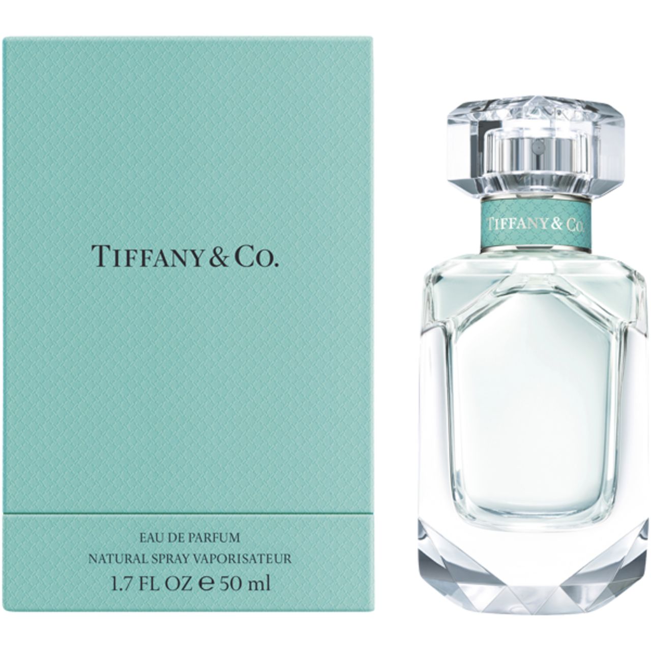 Tiffany & Co. Flakon und Schachtel. Flakon mit facettiertem Boden und Deckel. Türkisfarbene Schachtel mit Logo.