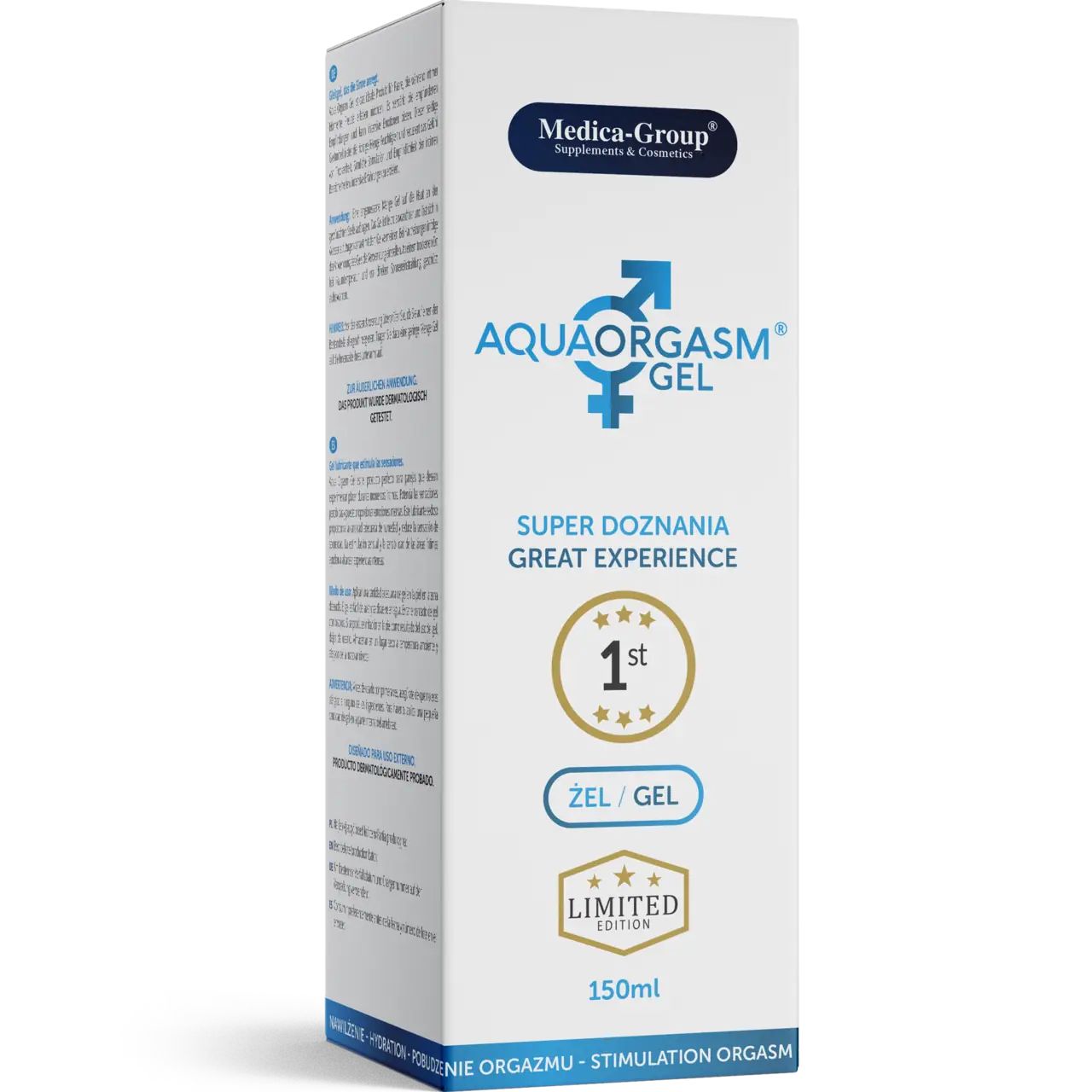Weiße Verpackung mit Produktnamen und Logo. Text: Aqua Orgasm Gel, Super Doznania, Great Experience, 1st, Limited Edition, 150ml.