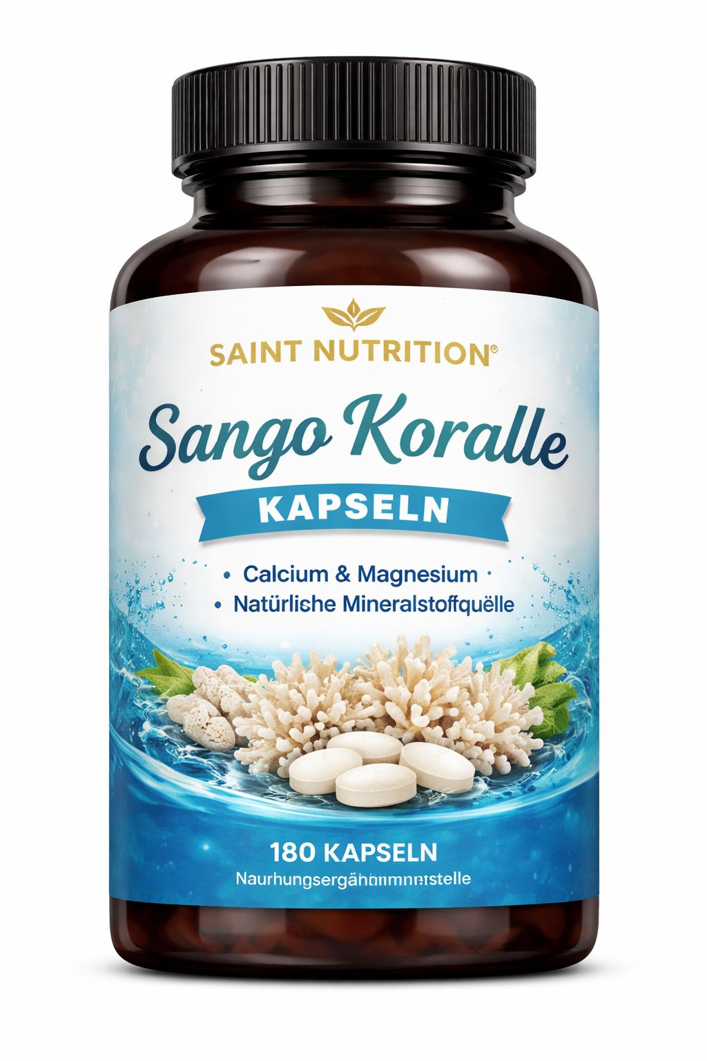 Braune Flasche mit Kapseln. Aufschrift: Saint Nutrition, Sango Koralle Kapseln. Enthält Calcium & Magnesium. 180 Kapseln.