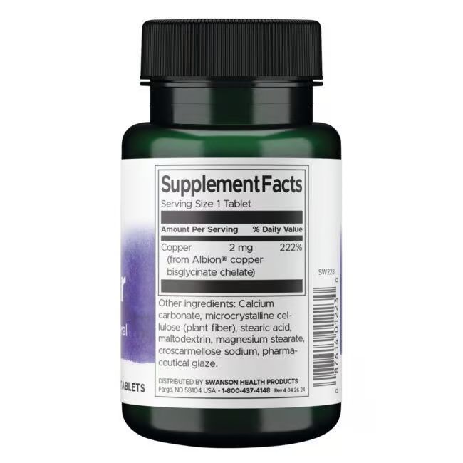 Rückseite der Flasche. Etikett mit "Supplement Facts". Enthält Kupfer 2 mg. Weitere Inhaltsstoffe sind aufgelistet.