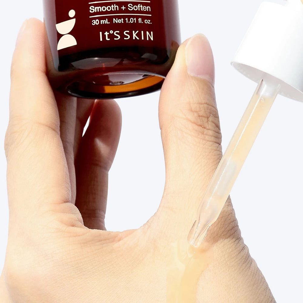 Braune Flasche mit weißem Deckel und Pipette. Produktname: IT'S SKIN Dr. Savers Bifida Silky Serum. Aufschrift: 30 ml.