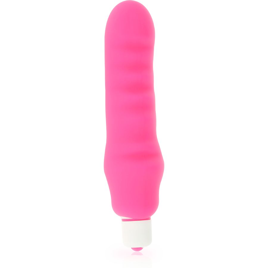 Rosa Vibrator aus Silikon mit geriffelter Oberfläche und weißem Sockel. Glatte, längliche Form.