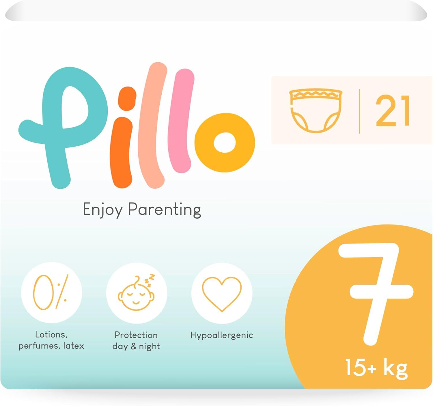 Verpackung Pillo Pants Größe 7 XXL. Enthält Informationen zu Inhaltsstoffen, Größe, Gewicht und Zertifizierungen.