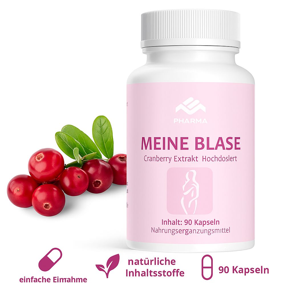 Weiße Flasche mit rosa Etikett. Aufschrift: MEINE BLASE, Cranberry Extrakt. Cranberry-Beeren und Blätter daneben. 90 Kapseln.