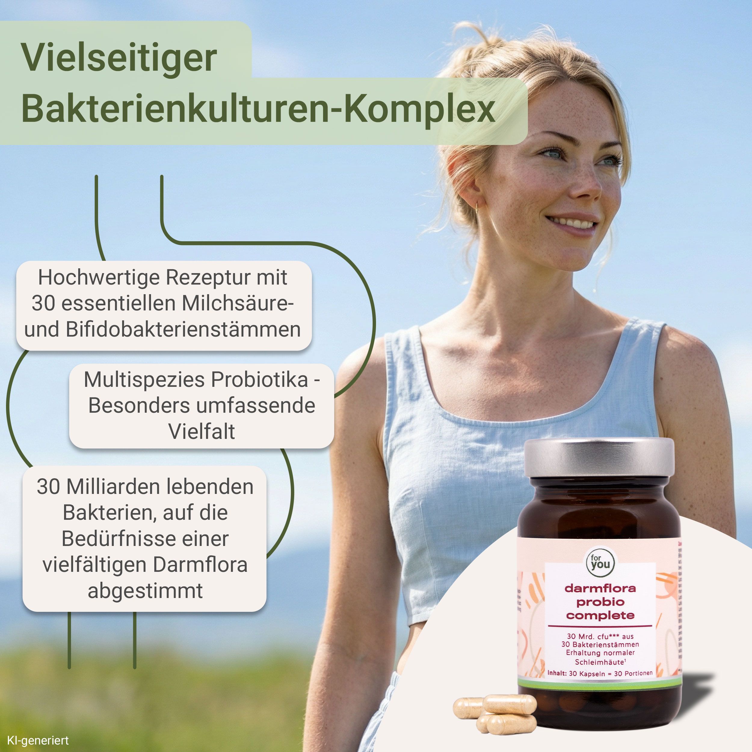 Braune Glasflasche mit Probiotika-Kapseln und Text über Bakterienkulturen-Komplex.