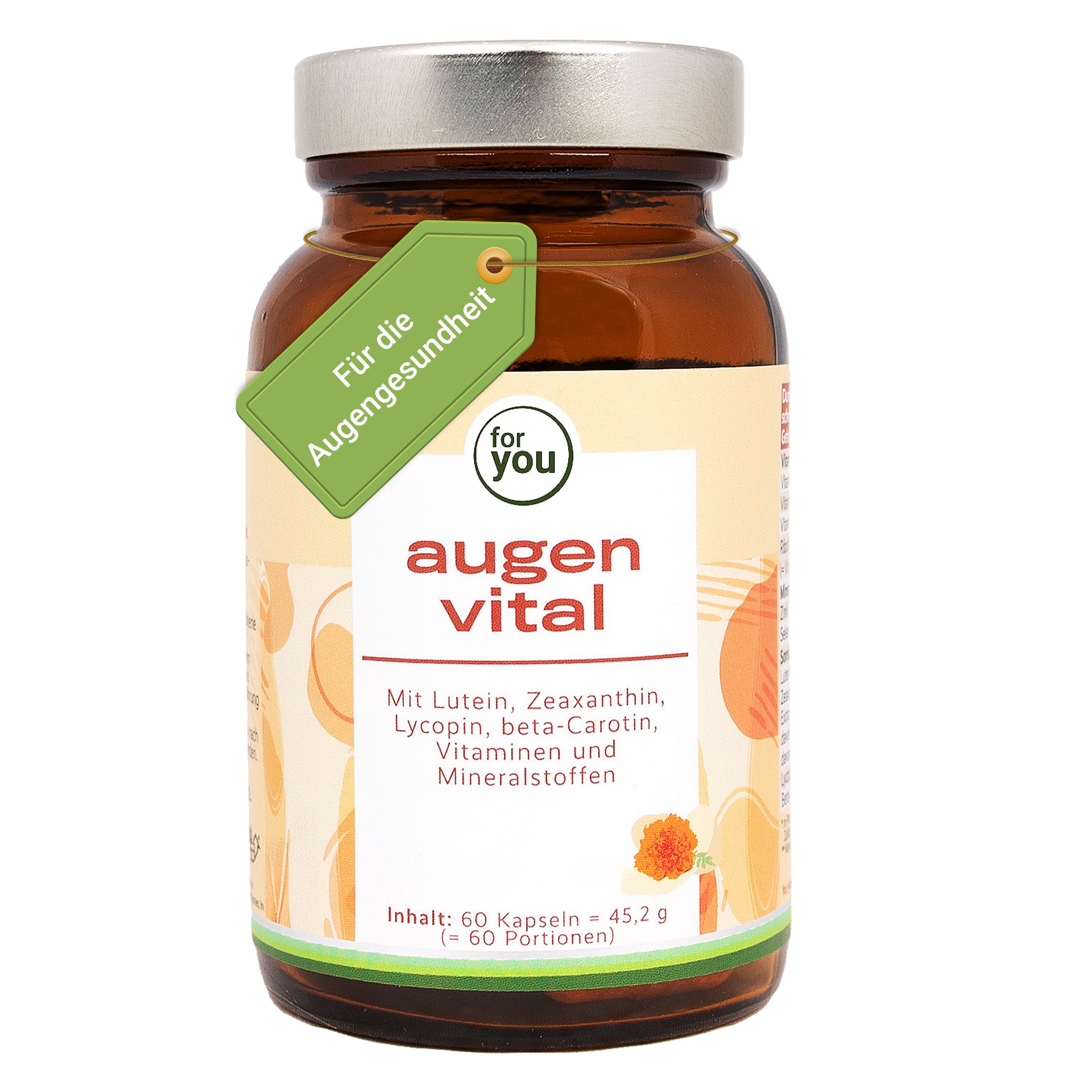 Flasche Augen Vital mit Etikett 'Für die Augengesundheit'. Enthält Lutein, Zeaxanthin, Lycopin, Beta-Carotin, Vitamine, Mineralstoffe.