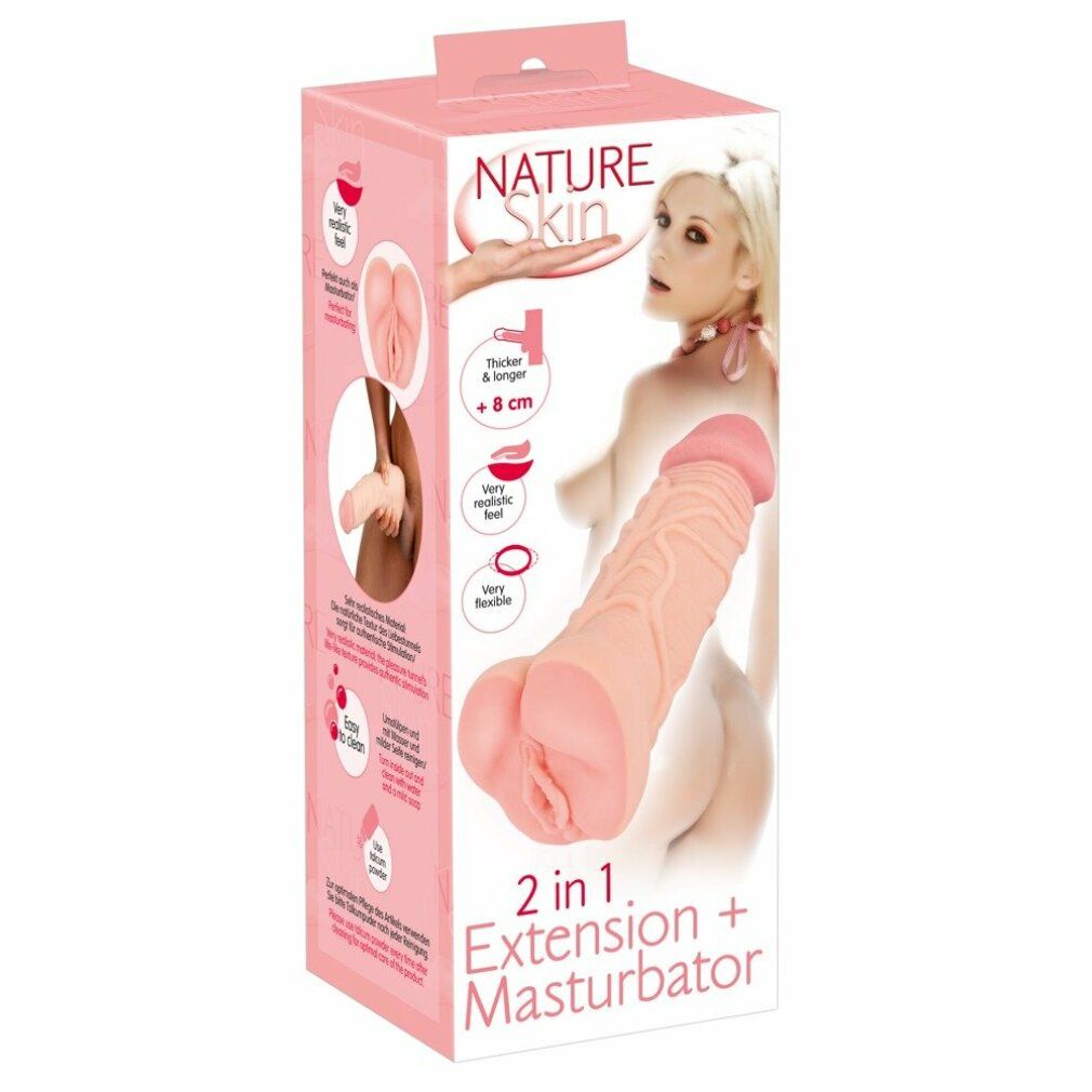 Verpackung mit Produkt. Aufdruck: NATURE SKIN, 2 in 1 Extension + Masturbator. Abbildung einer Frau.