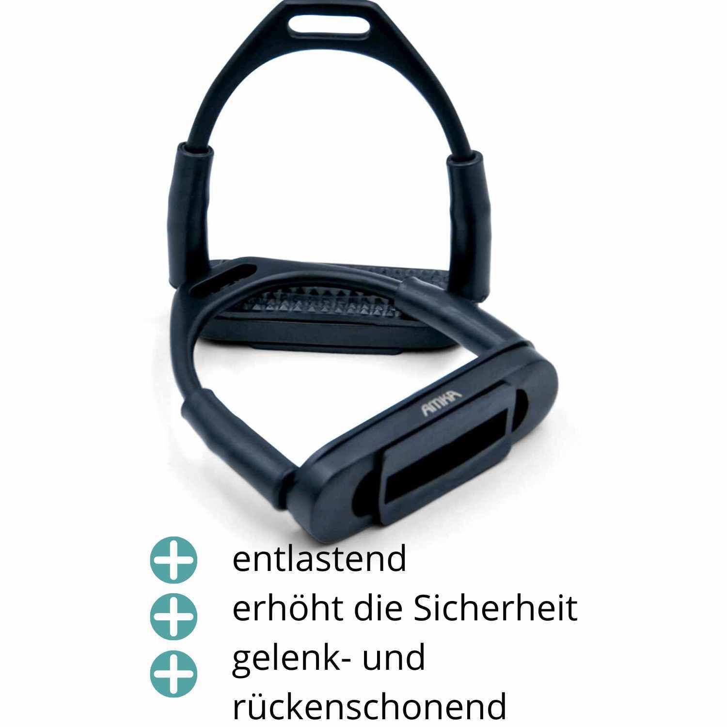 Schwarzer Steigbügel mit Gelenk, von unten betrachtet. AMKA-Logo sichtbar.