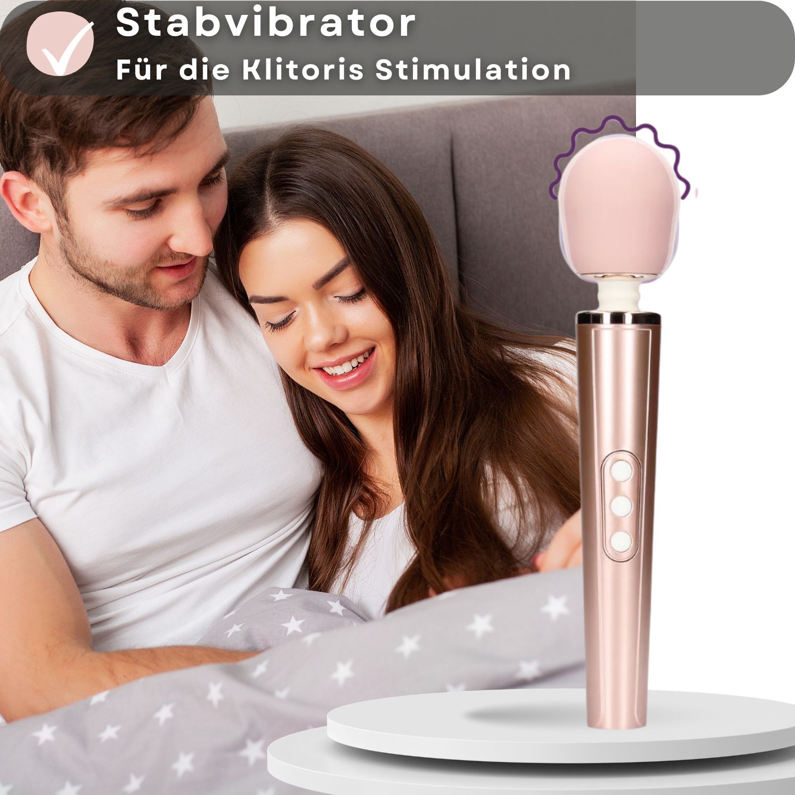 Vibrator, rosa. Text mit Eigenschaften: Vibrationen, 25 cm lang, USB-Aufladung, 6 Modi.