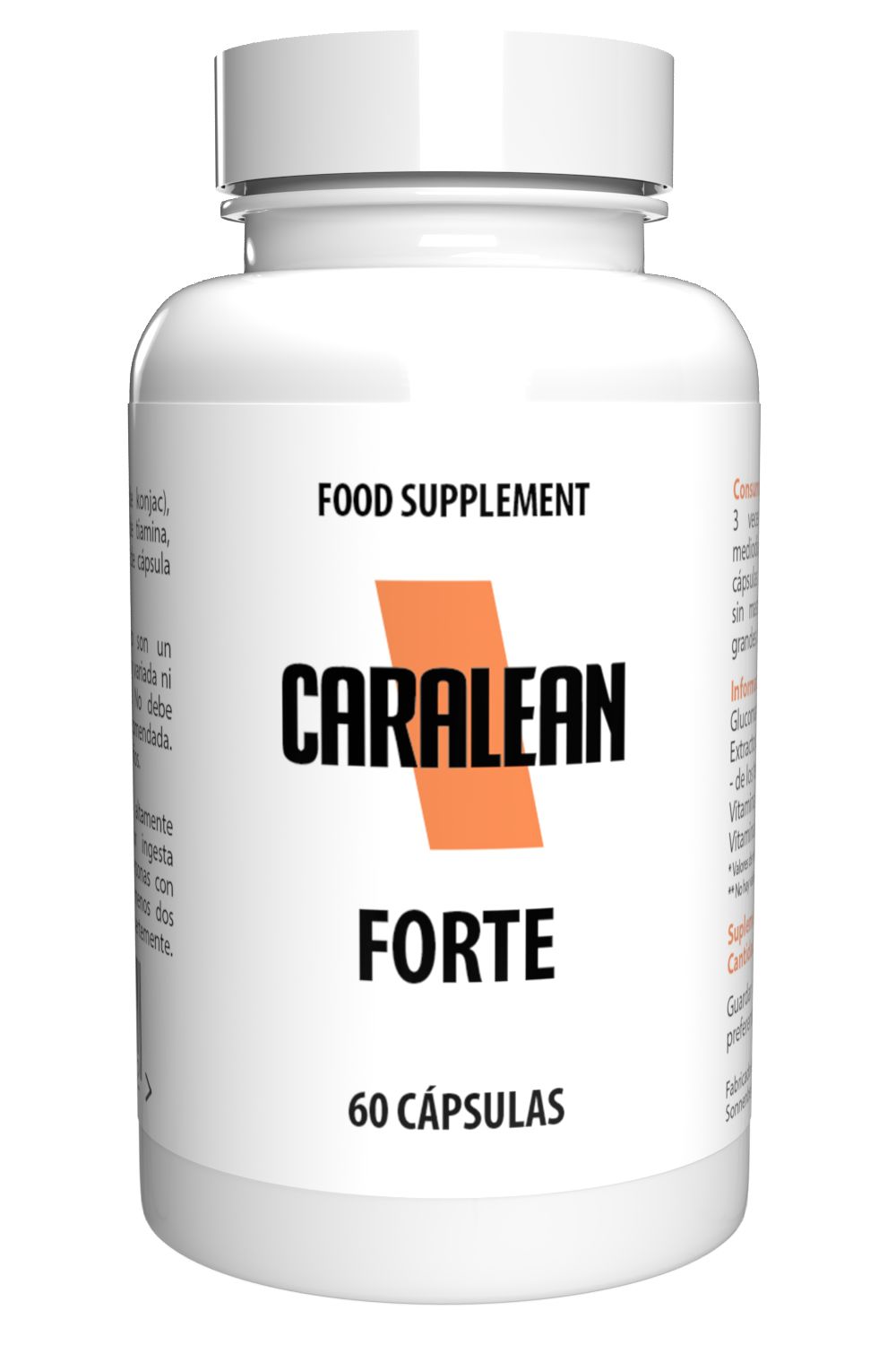 Weiße Flasche mit "CARALEAN FORTE"-Aufdruck. Orangefarbenes Rechteck. "FOOD SUPPLEMENT" und "60 CÁPSULAS" darunter.
