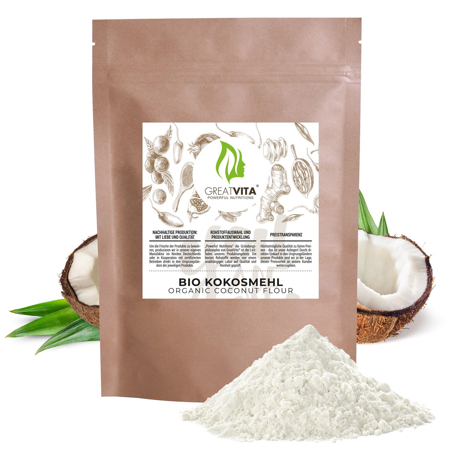 Braune Tüte GreatVita Bio Kokosmehl, Kokosmehlhaufen, Kokosnuss. Text: Bio Kokosmehl, Organic Coconut Flour.