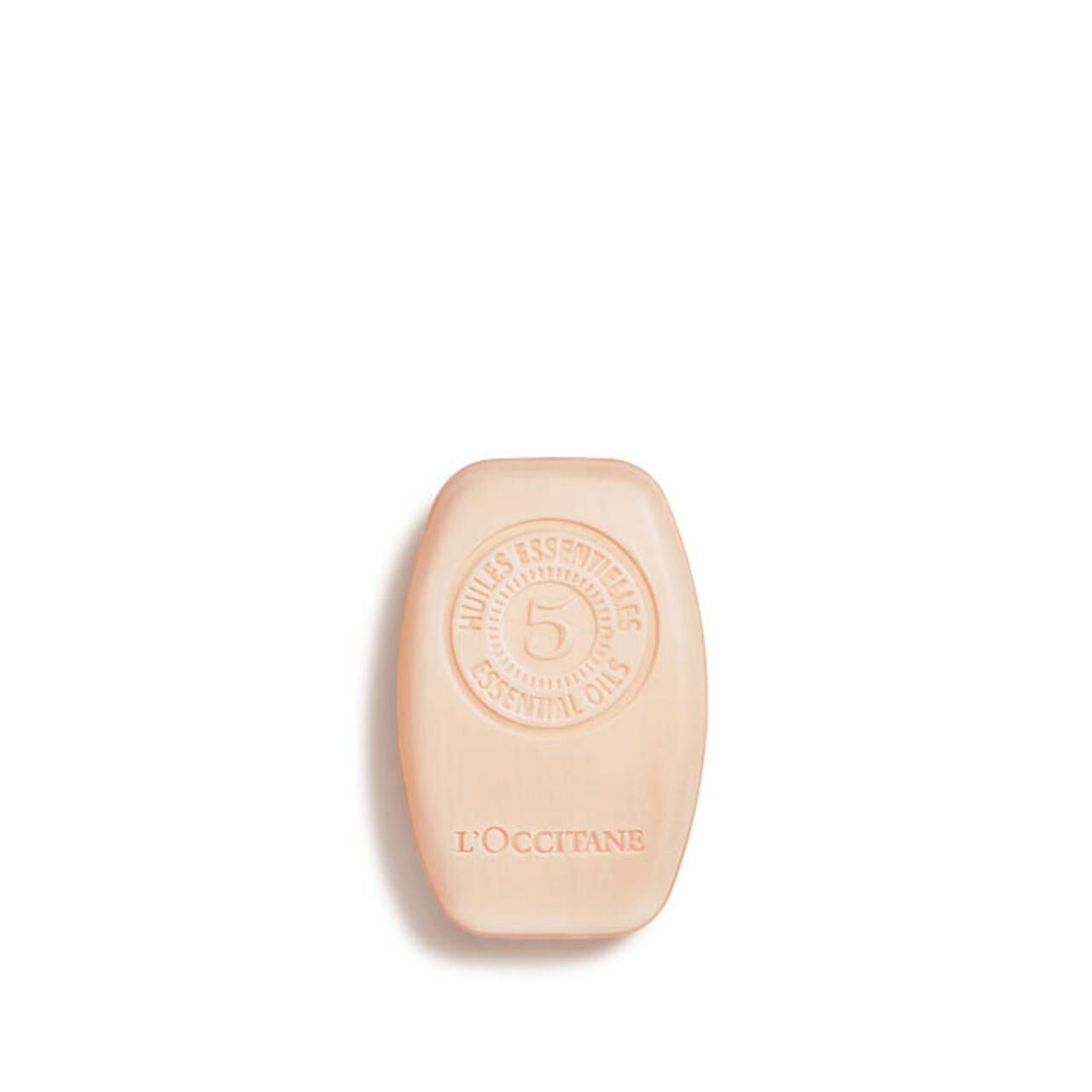 Ovales Shampoo-Stück mit Prägung. Aufschrift: Huiles Essentielles, 5, L'Occitane.