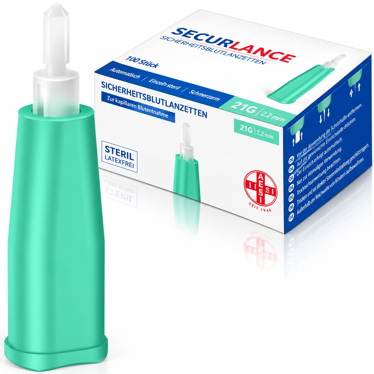 Sicherheits-Blutlanzetten 21G x 22mm, steril, latexfrei, 100 Stück.