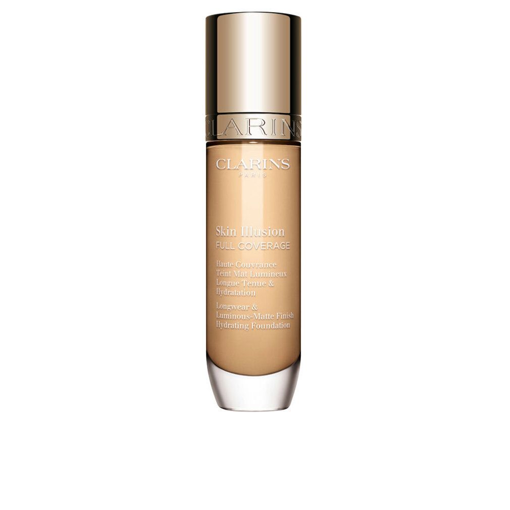 Flakon mit goldfarbenem Deckel. Aufschrift: Clarins, Skin Illusion Full Coverage. Flüssige Foundation.