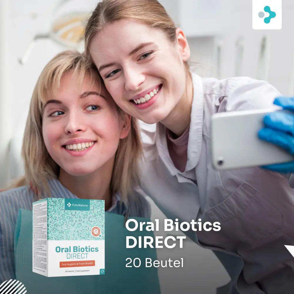 Zwei Frauen lächeln. FutuNatura Oral Biotics DIRECT. 20 Beutel.