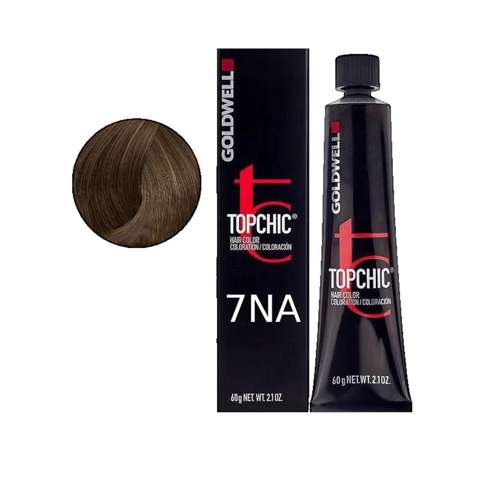 Goldwell Topchic Haarfarbe, Tube und Verpackung. Farbton 7NA. Farbkreis mit gefärbtem Haar.