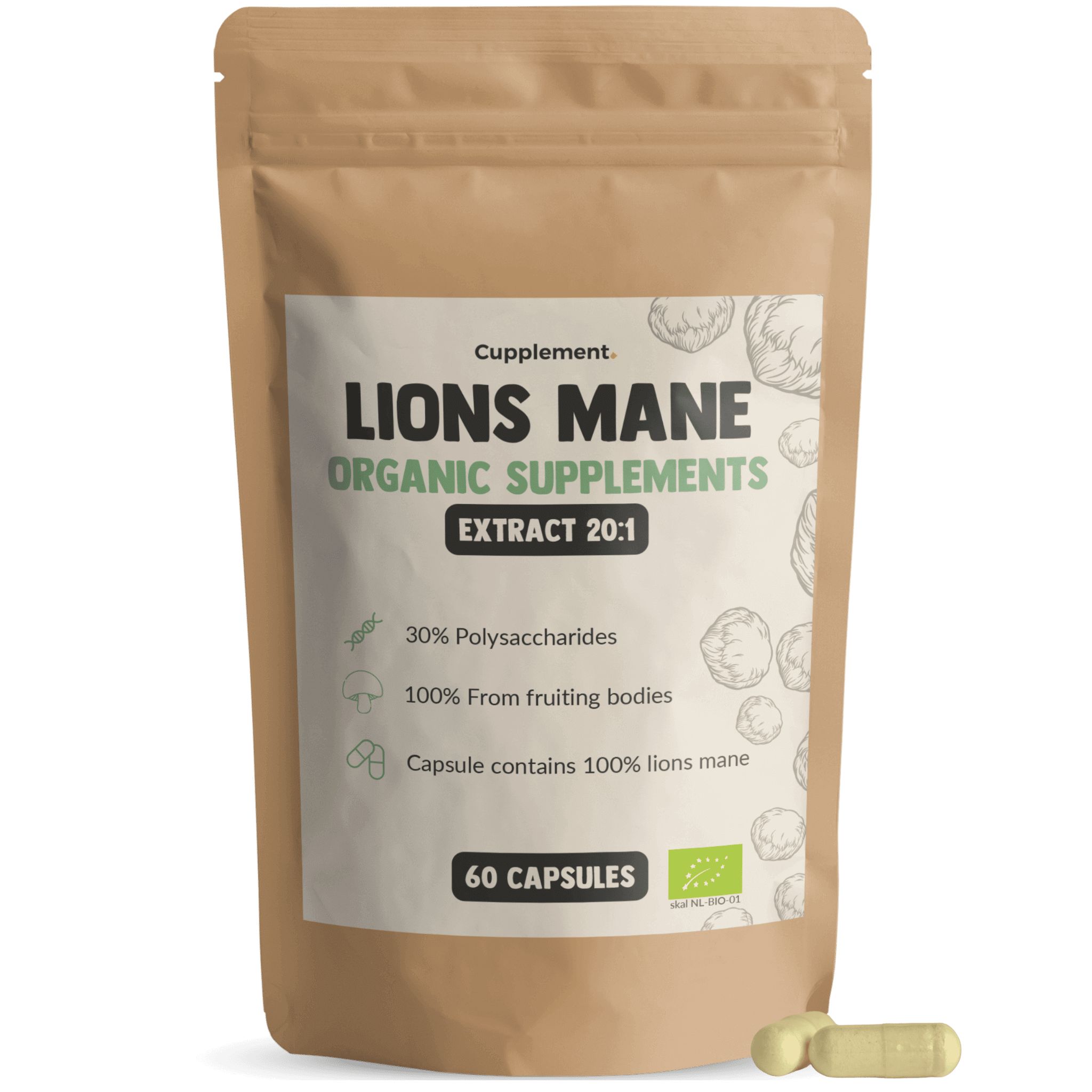 Beutel mit Kapseln. Aufschrift: LION'S MANE, ORGANIC SUPPLEMENTS, EXTRACT 20:1. 60 Kapseln. BIO-Siegel.