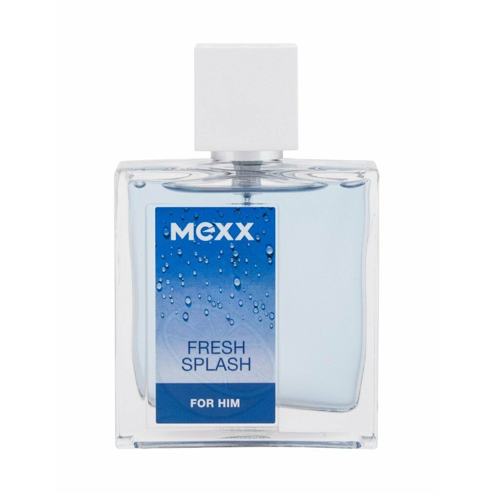Quadratischer Flakon mit blauem Inhalt. Weißer Verschluss. Aufschrift: MEXX, Fresh Splash, For Him.