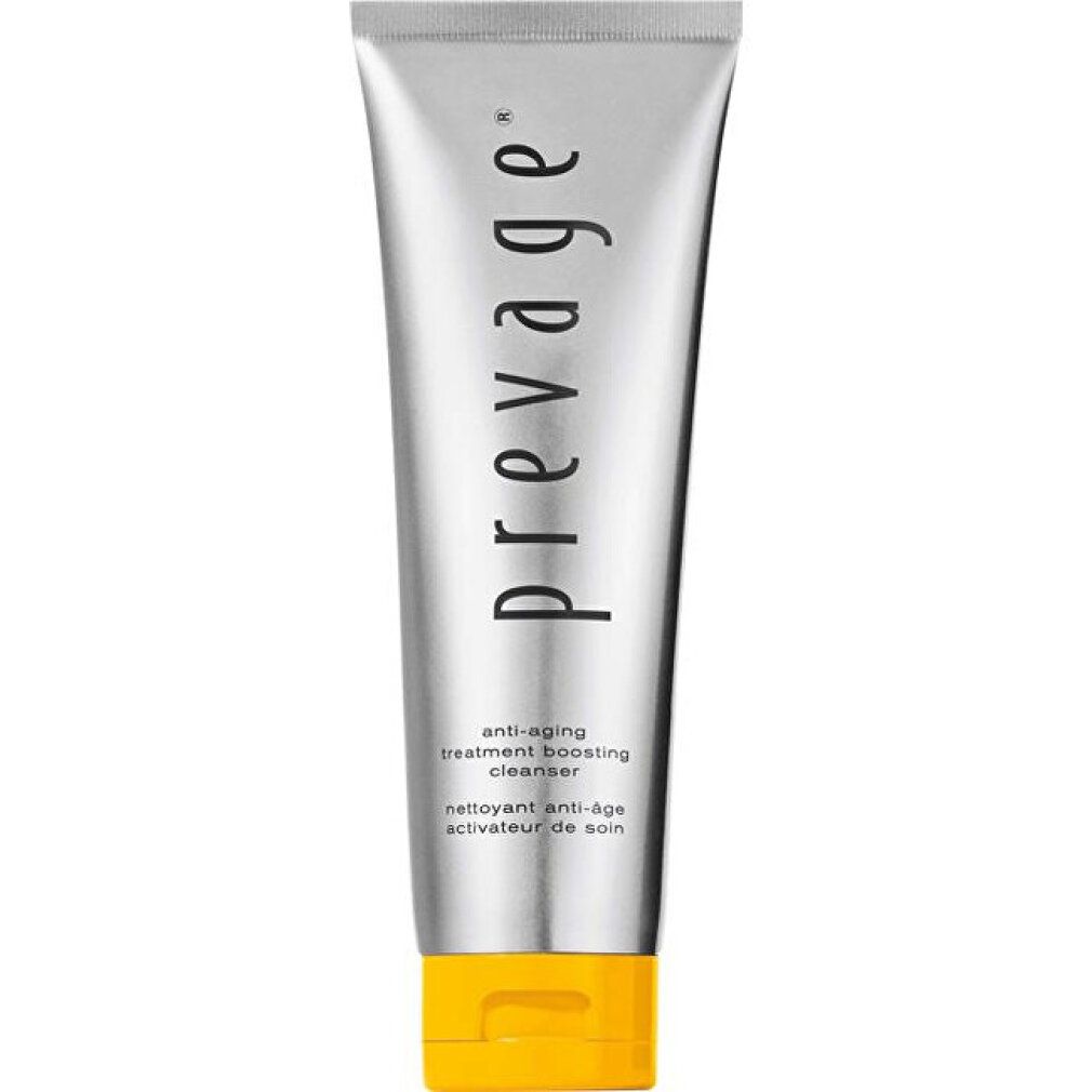 Silberne Tube mit gelbem Klappdeckel. Prevage Anti-Aging Boosting Cleanser Aufschrift.