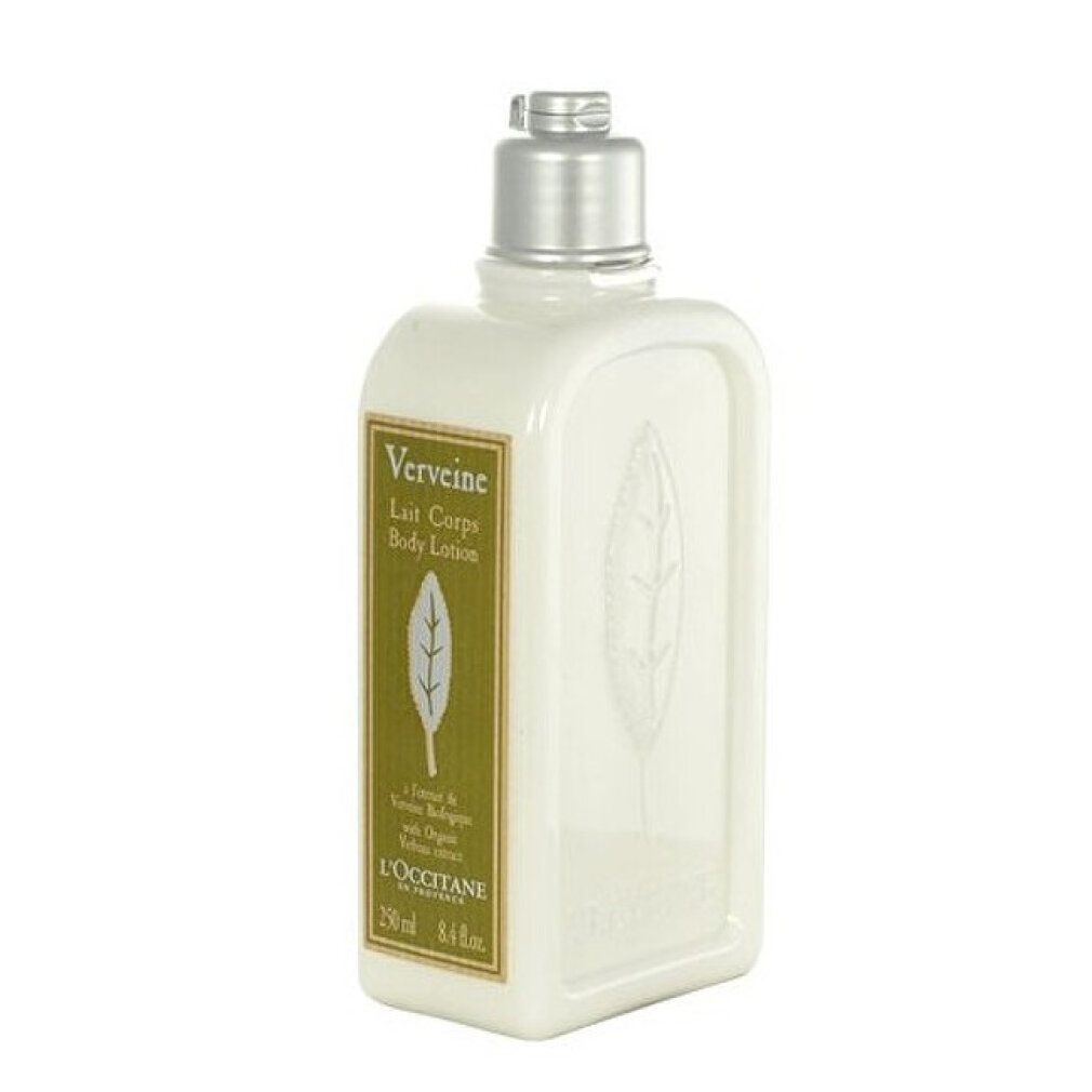 L'Occitane Verbene Körpermilch Flasche, weiß mit silbernem Verschluss und Blattprägung.
