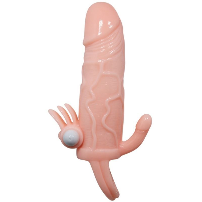 Penishülle mit Klitoris- & Analstimulation. Rosa, mit Ring, Klitoris-Stimulator und Analstimulation.