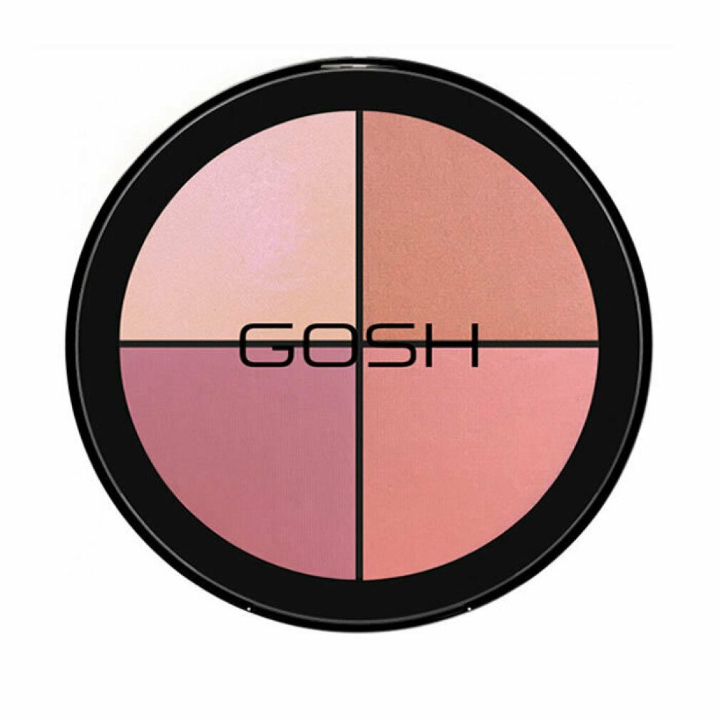 Runder Gosh Strobe'n Glow Illuminator Kit 002 Blush. Vier geteilte Segmente in Rosa- und Pfirsichtönen. Schwarzer Rahmen, GOSH-Logo.