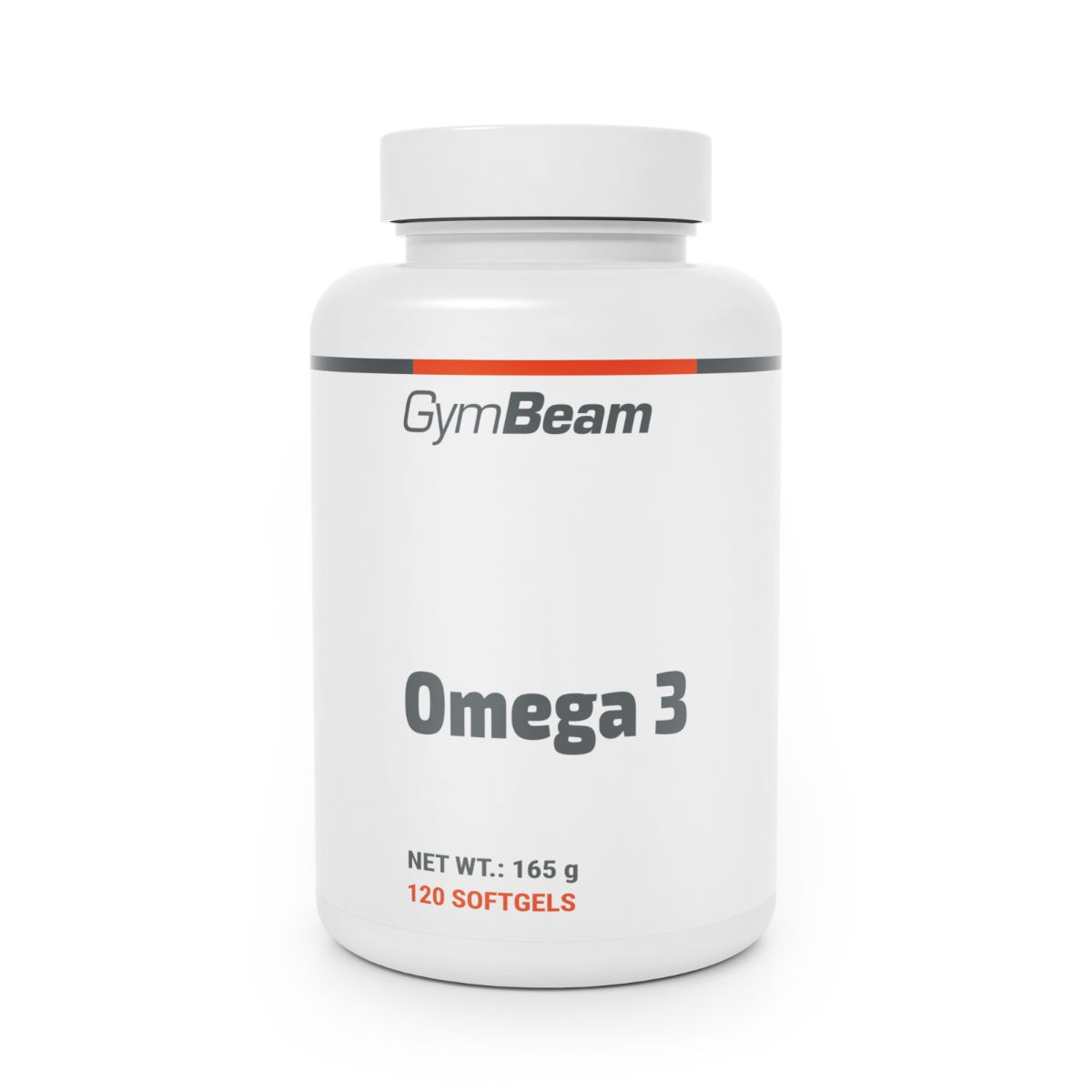 GymBeam Omega 3 Fischöl Kapseln in weißem Behälter mit rotem und schwarzem Streifen. Enthält 120 Softgels.