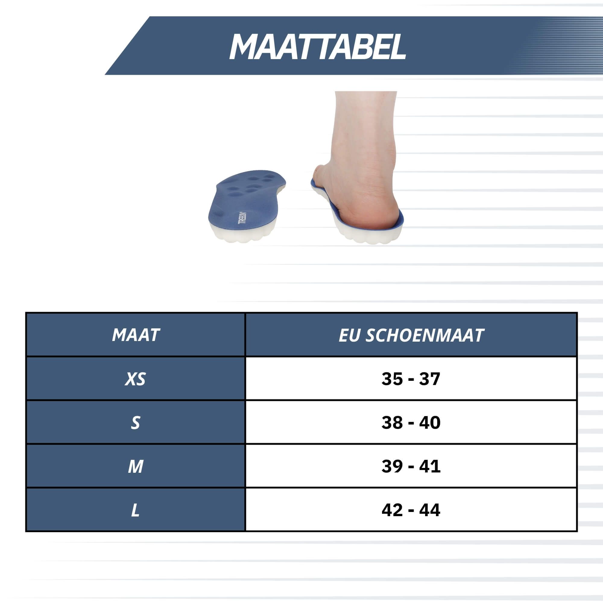 Größentabelle für Einlegesohlen: XS (35-37) bis L (42-44).