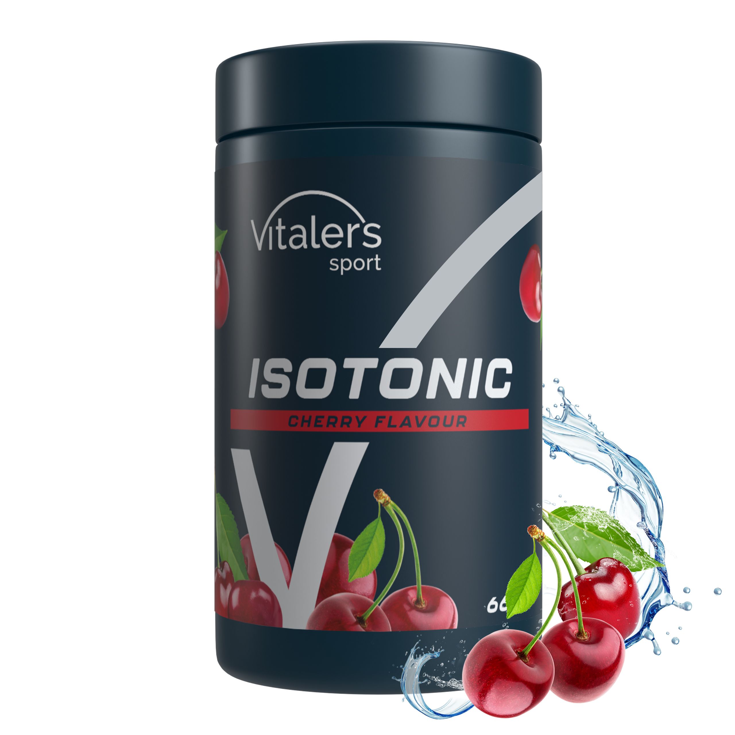 Dunkler Behälter mit Aufschrift 'Isotonic Cherry Flavour', Kirschen und Wasserspritzern.