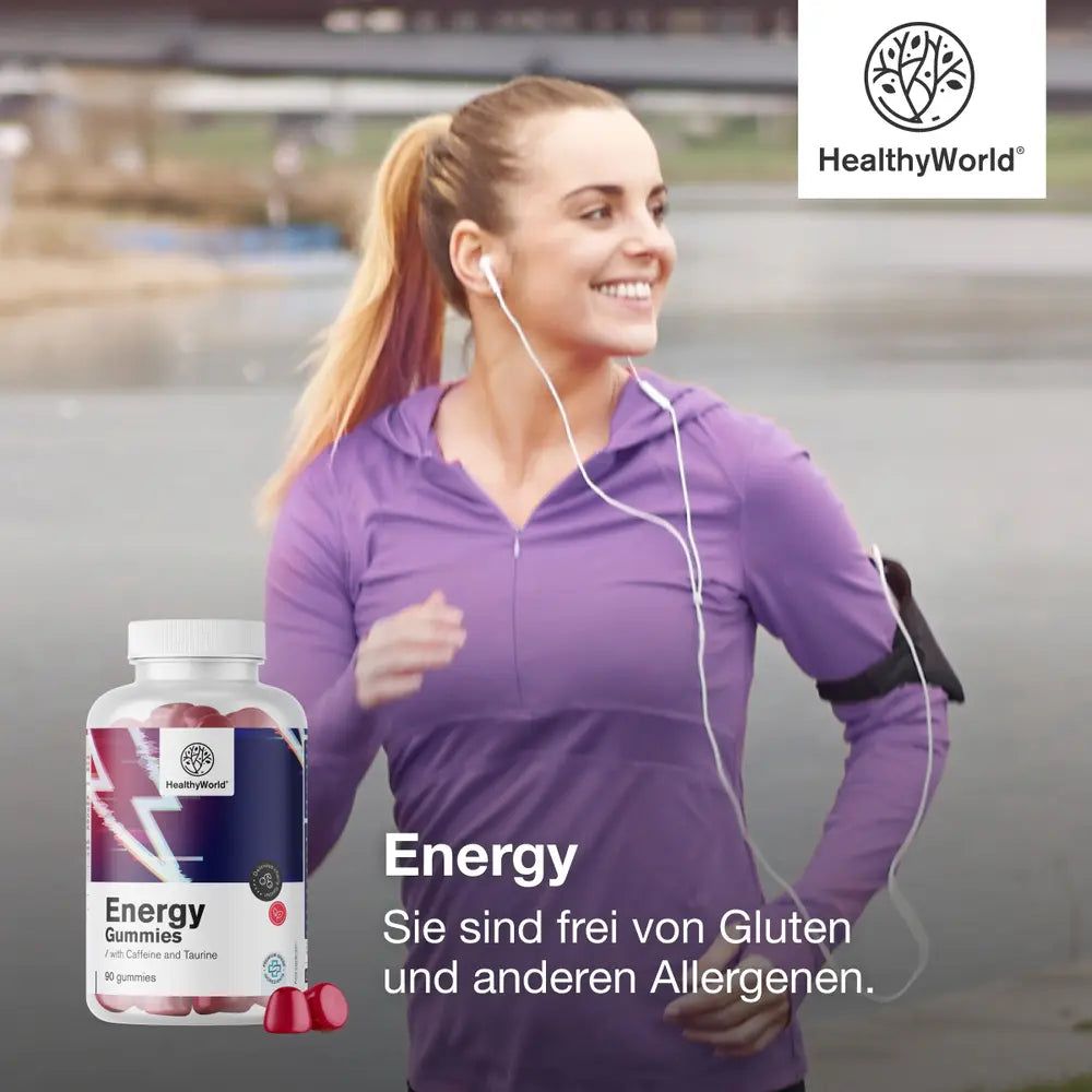 Läuferin mit Kopfhörern, Flasche Energy Gummis daneben. "Frei von Gluten und Allergenen".