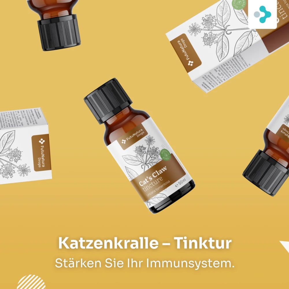 Mehrere Flaschen und Kartons mit Katzenkralle Tinktur, 50 ml.