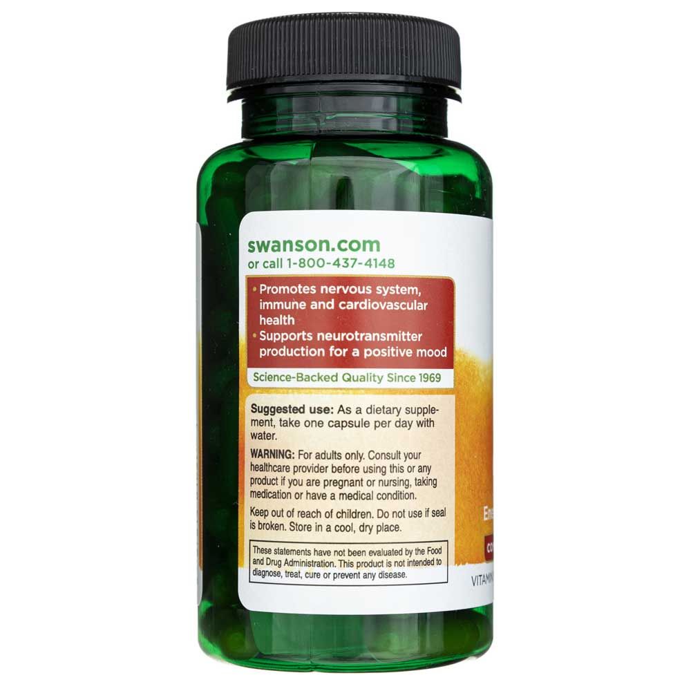 Rückseite der SWANSON Balance B-50 Complex Flasche mit Hinweisen zur Nerven-, Immun- und Herz-Kreislauf-Gesundheit.