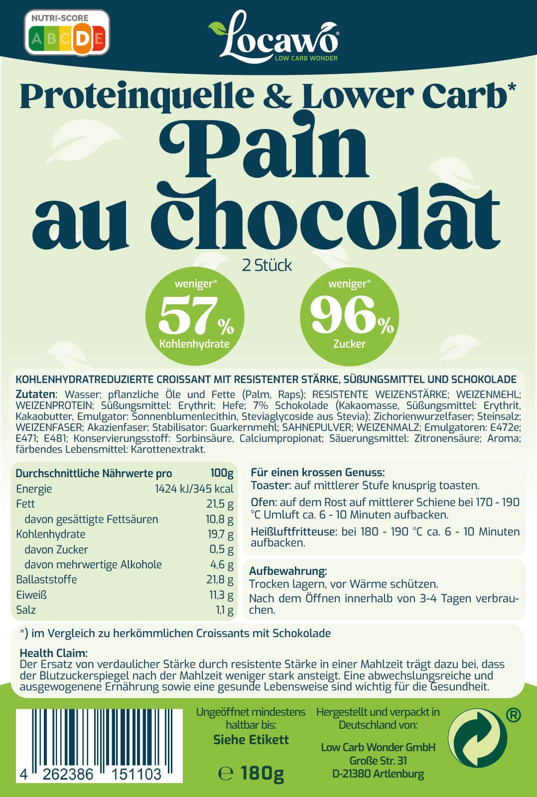 Verpackung von Locawo Proteinquelle & Low Carb Pain au chocolat. Text: 57% weniger Kohlenhydrate, 96% Zucker. Zutatenliste und Nährwertangaben.