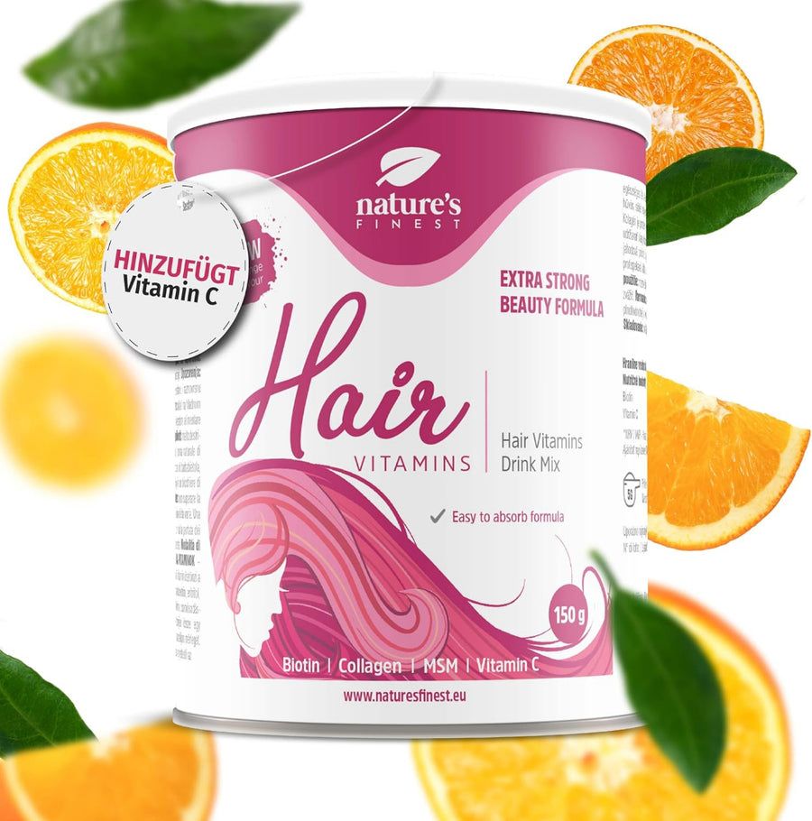 Dose "Hair Vitamins" mit Orangen. Rosa-weißes Design, Produktname und Inhaltsstoffe.