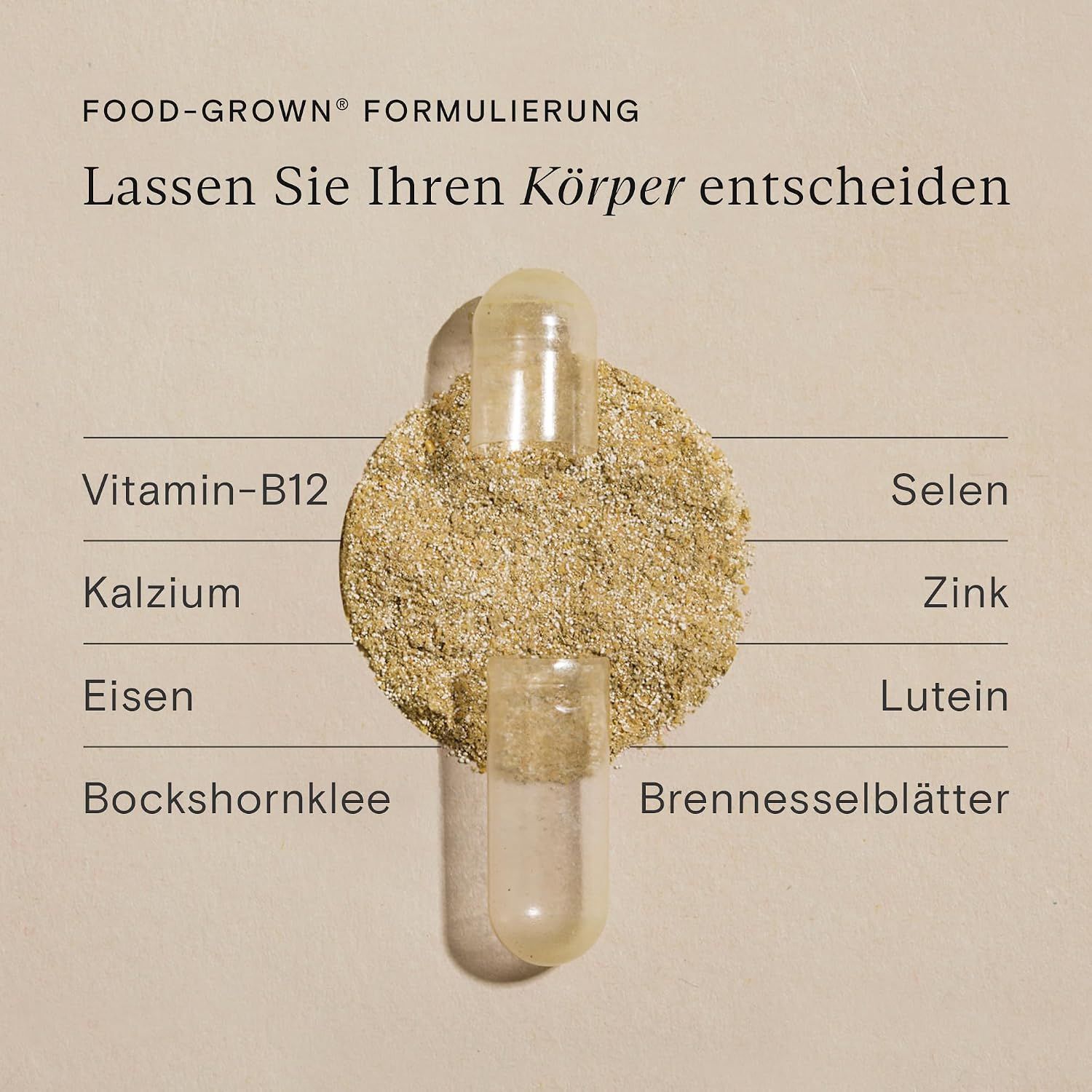 Braunglasflasche mit Etikett 'WILD NUTRITION Breastfeeding Support for Women' neben einem Glas Wasser und einer Holzschale mit Kapseln.