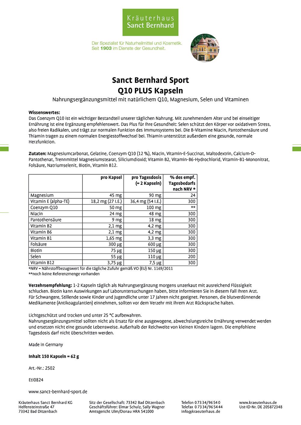 Beipackzettel mit Informationen zu Sanct Bernhard Sport Q10 PLUS Kapseln. Enthält Nährwertangaben, Inhaltsstoffe und Herstellerinformationen.