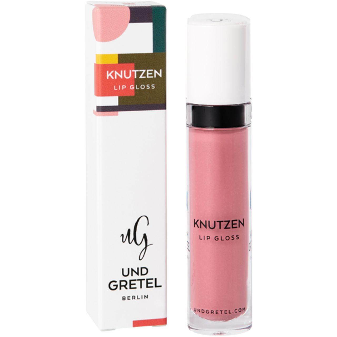 Lipgloss-Fläschchen und Verpackung. Auf der Verpackung steht 'Knutzen Lip Gloss' und 'Und Gretel Berlin'.