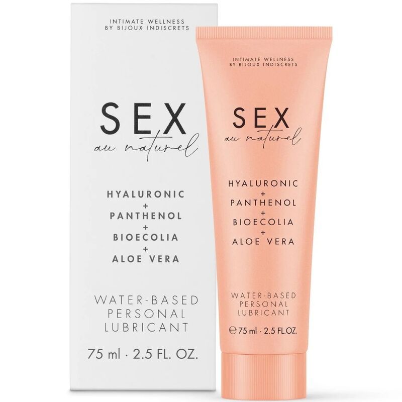 Rosa Tube und weiße Verpackung. Aufschrift 'SEX au naturel'. Enthält Hyaluronsäure, Panthenol, Bioecolia und Aloe Vera. Wasserbasiertes Gleitmittel.