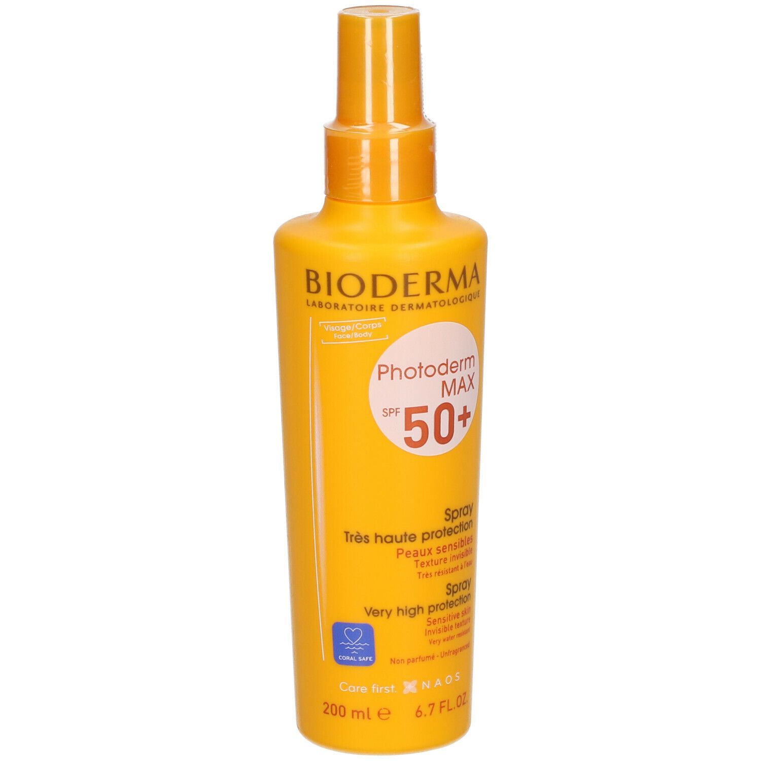 Gelbe Flasche BIODERMA Photoderm MAX Sonnenspray SPF 50+. Sprühkopf. Sehr hoher Schutz. 200 ml.