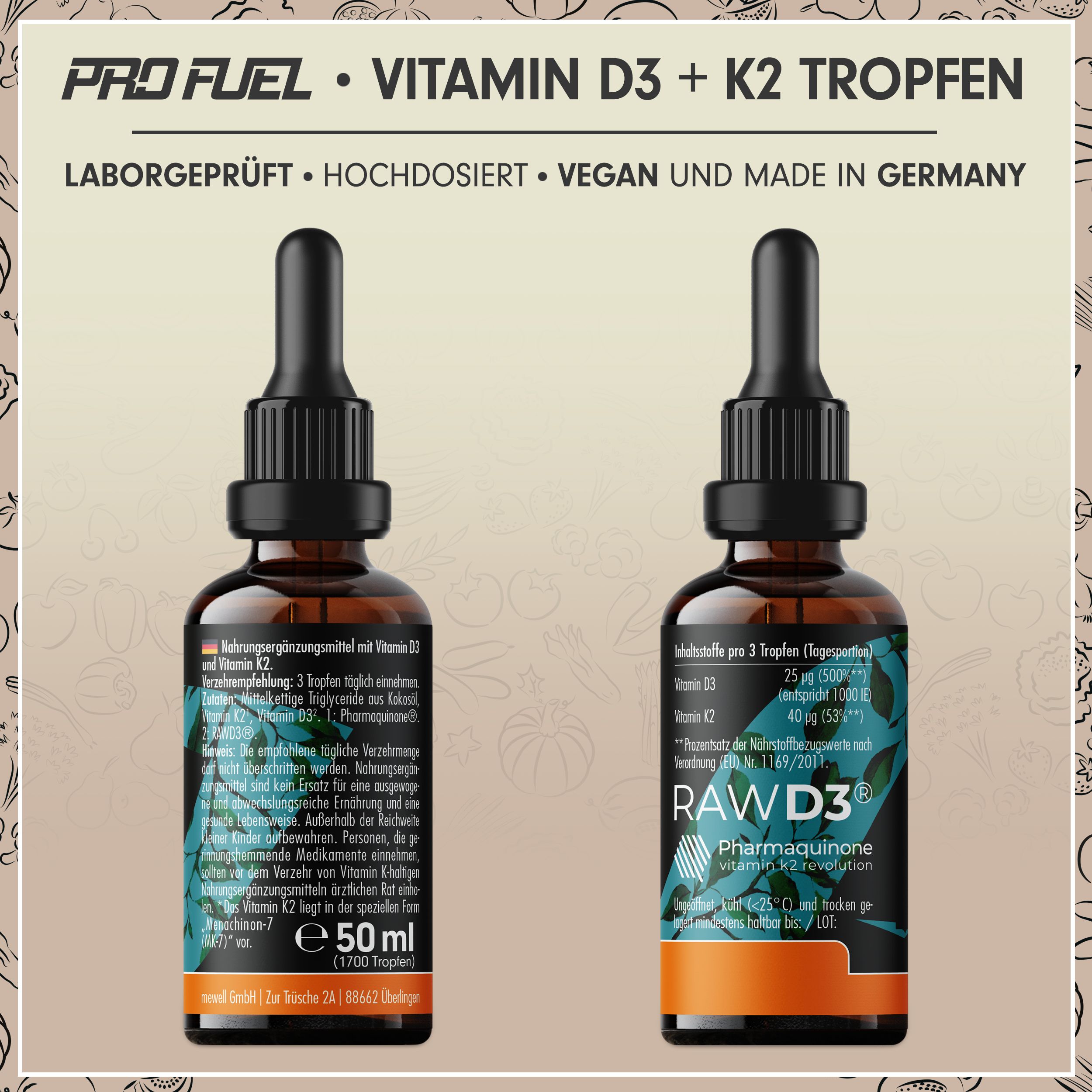 Zwei Flaschen mit Tropfer. Aufschrift: Vitamin D3+K2. Enthält 1000 IE Vitamin D3, 40 µg K2. Vegan. Made in Germany. RAW D3 Pharmaquinone.