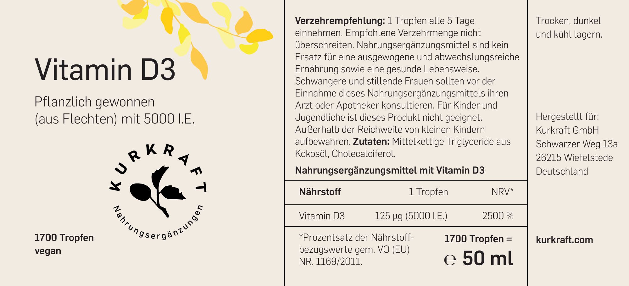 Etikett mit Informationen zu Vitamin D3. 1700 Tropfen, vegan. 125 µg (5000 I.E.) pro Tropfen. 50 ml.
