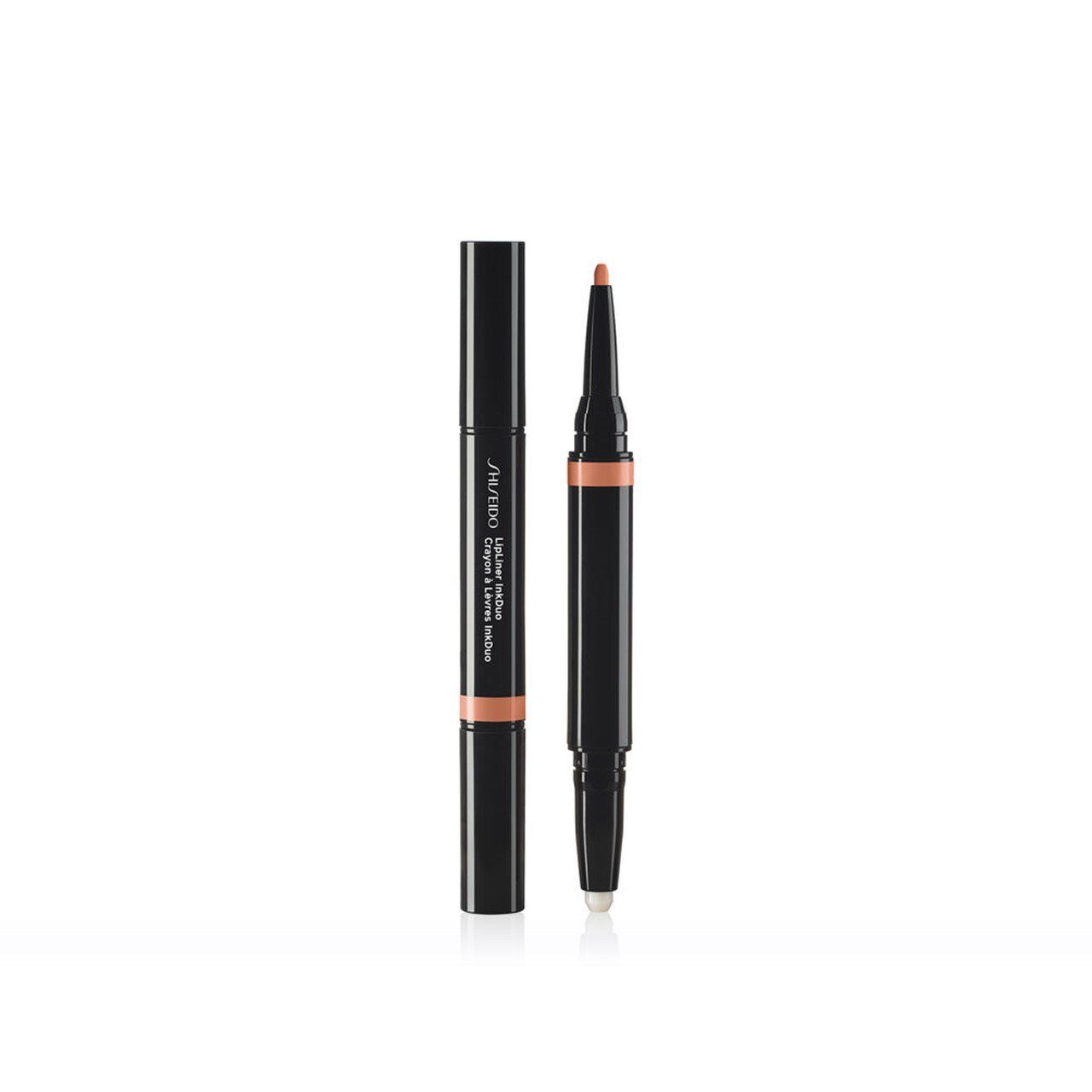 SHISEIDO Lip Liner Ink Duo 01. Schwarzer Stift mit beiger Farbe. Ein Ende ist ein Lipliner, das andere ein Applikator.