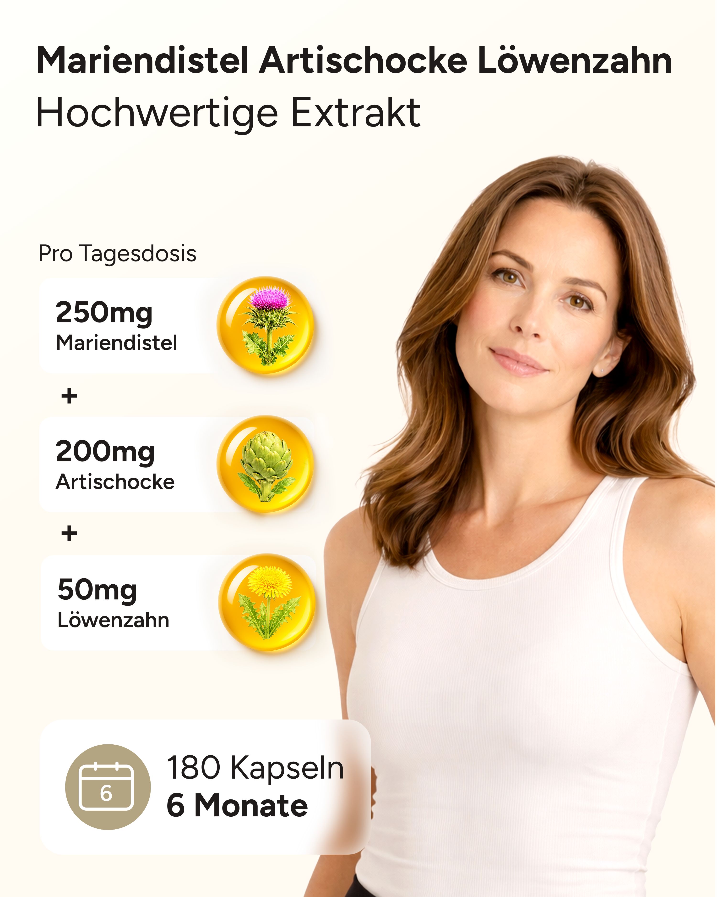 Frau mit weißem Top. Grafische Darstellung von Mariendistel, Artischocke und Löwenzahn. Text: 180 Kapseln, 6 Monate.