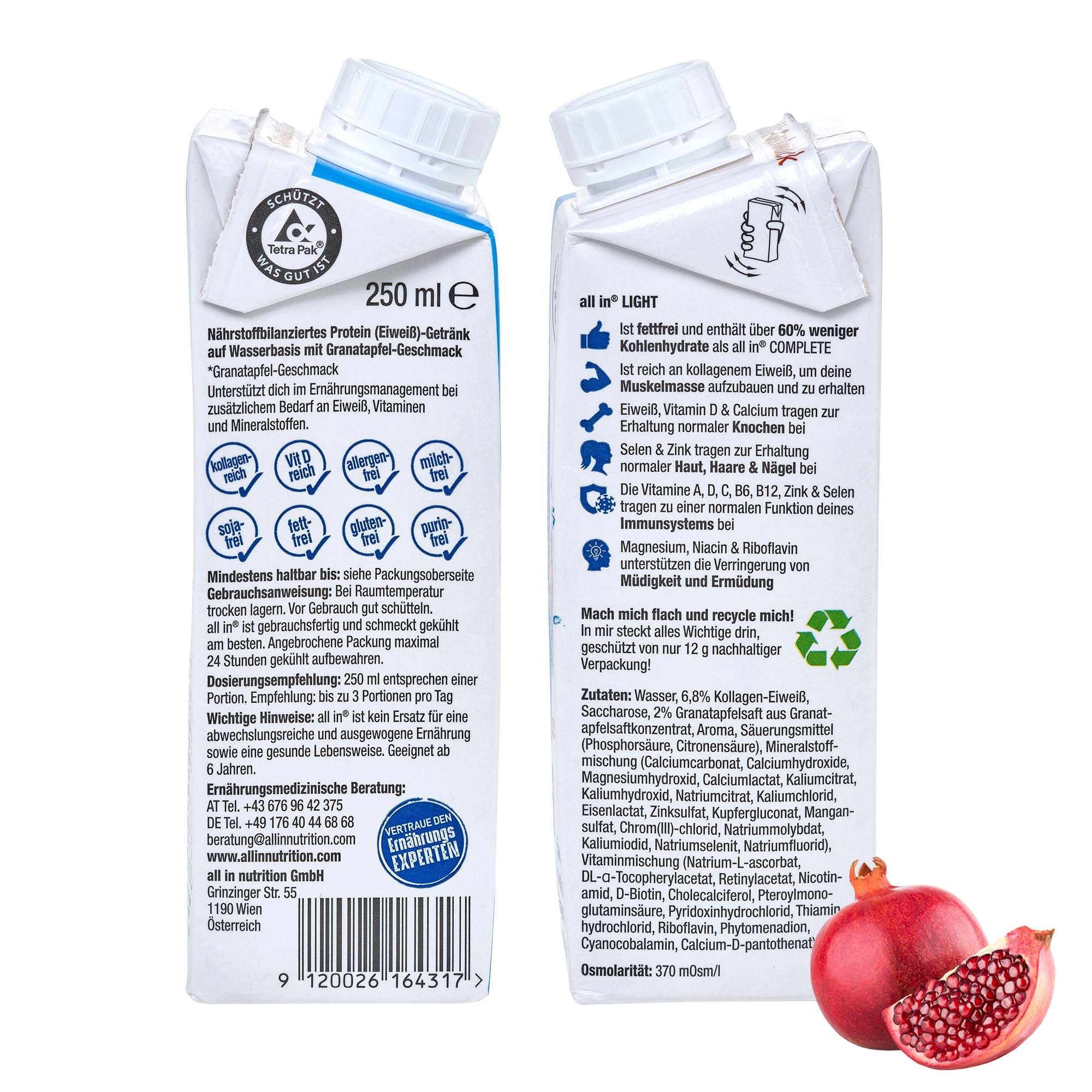 Vorder- und Rückseite einer ALLIN LIGHT PROTEIN WATER GRANA 250ml Flasche.