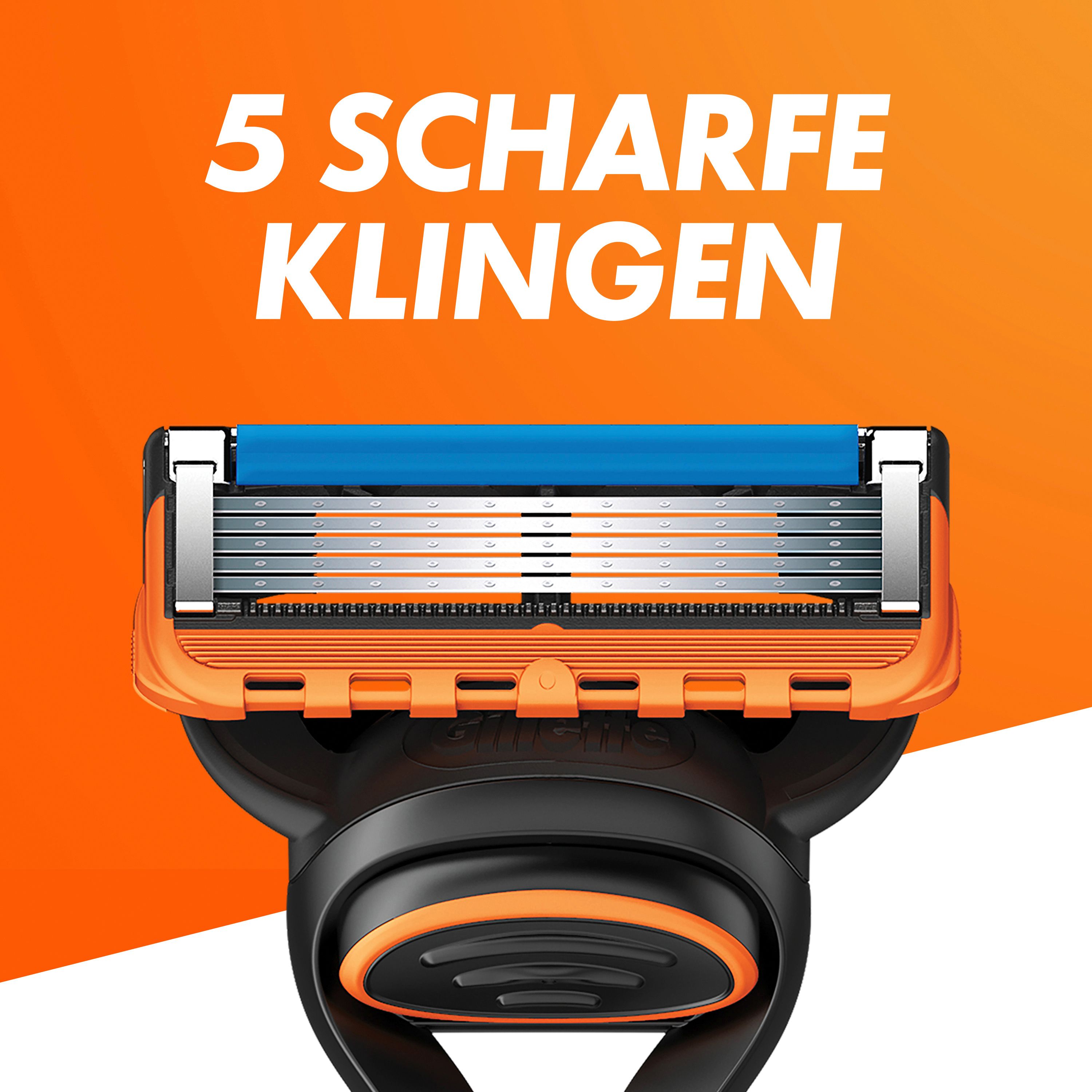 Gillette Fusion 5 Rasierklinge. 5 Klingen. Orange und Schwarz. Nahaufnahme.